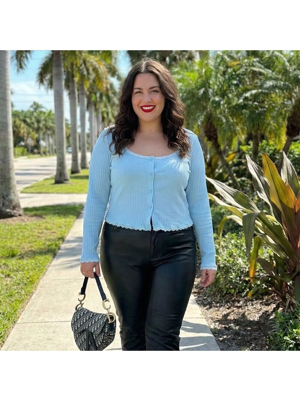 SHEIN Curve Light Blue Ribbed Lace Trim Button-Down Top – Size 2XL